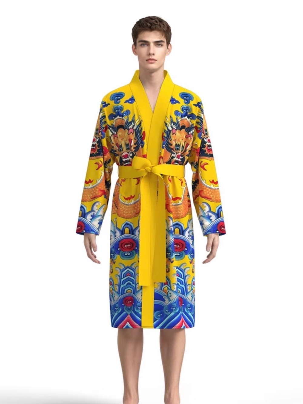Yellow Dragon Print Satin Kimono Robe with Waist Tie